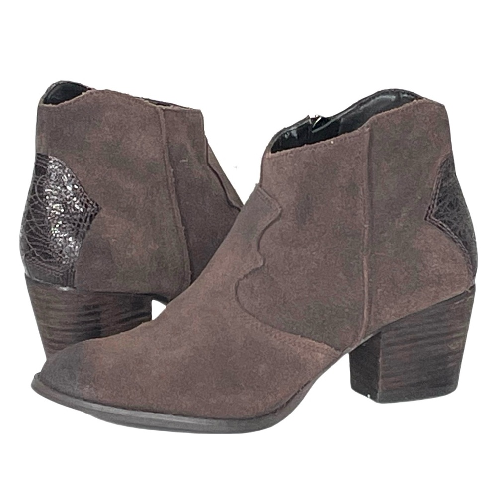 Marc Fisher Western Ankle Boot Brown Burnished Suede Snakeskin Textured Heel 6.5